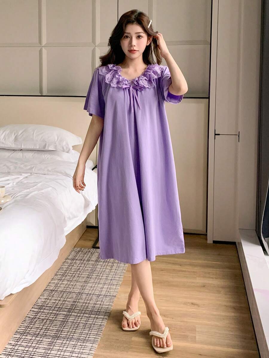 DAZY Femei culoare solidă mânecă scurtă casual lejer guler cu volane rochie de somn pijama