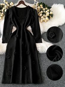 SHEIN Unity 大码女式优雅纯色花卉浪漫针织秋冬连衣裙 - 黑色 - 查看 1