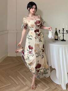 DAZY 女士花卉印花方领短袖休闲优雅连衣裙夏季优雅 - 彩色 - 查看 8