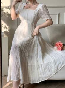 DAZY 女士优雅纯色纹理收腰连衣裙，春夏长款连衣裙 - 杏色 - 查看 8