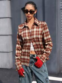 SHEIN Unity British Style Vintage Plaid Button Down Collared Versatile Shirt, Suitable For Valentine's Day, Spring/Autumn Fall Cloth For Women - Multicolor - View 3