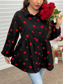 SHEIN LUNE Plus Size Women's Heart Doll Shirt Lantern Sleeve Wrinkle Concealing Slim Fit Shirt Heart Valentine Rose Curve Valentines Clothes Boho Cowgirl Old Money Festival Bohemian Western Wear Women Hippie Summer Boho Old Money/Valentine's Day