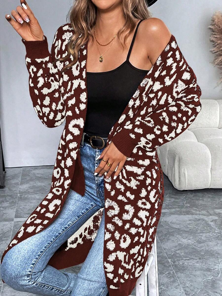 SHEIN LUNE Mid-Length Leopard-Printed Casual Cardigan, Autumn/Winter - Multicolor - View 1