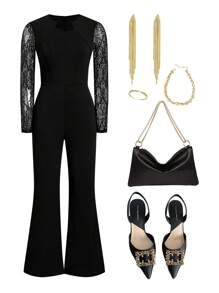 Gownix 女士优雅黑色撞色蕾丝连体裤，春夏