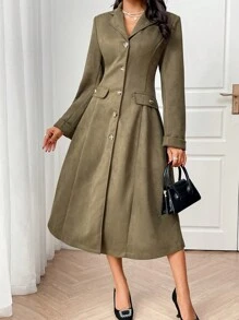 Seusyu Áo khoác Blazer dài cổ ve đơn màu trơn cho nữ, thanh lịch cho mùa thu - xanh quân đội - Xem 4