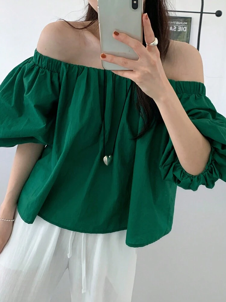 Women's Solid Color Off Shoulder Oversized Short Sleeve Green Blouse Top, Spring/Summer Easter