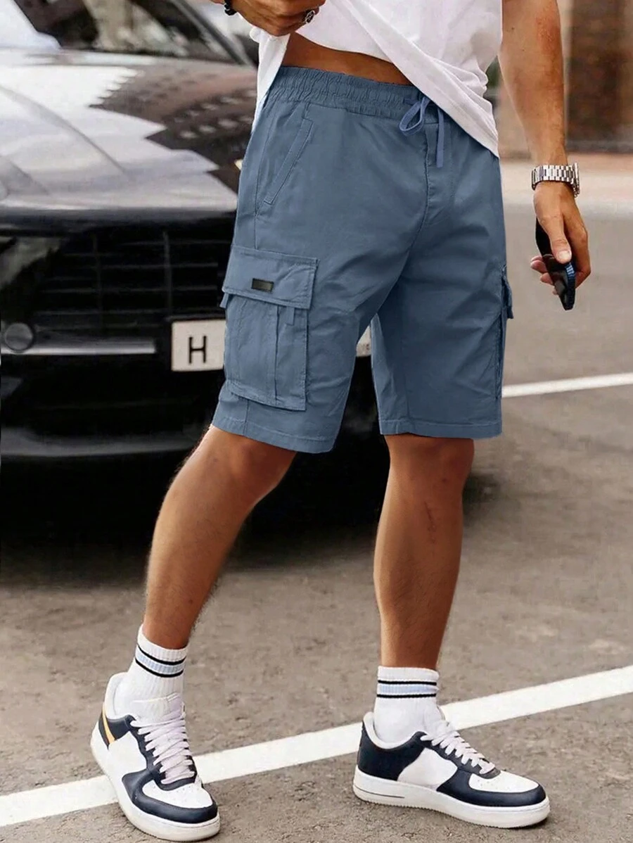Manfinity Homme 男士宽松抽绳腰部翻盖口袋工装短裤，夏季街头服饰 - 霧霾藍 - 查看 1