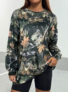 StreetHx Women's Vintage Street Style Loose Leaf Print T-Shirt, Autumn