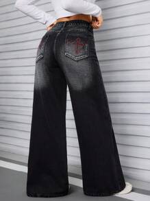 SHEIN Tall Women's Simple Front Button Pocket Wide Leg Jeans, Casual Everyday Wear