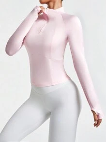 Easithlete Women Solid Color Front Zipper Long Sleeve Casual Sports Sweatshirt - Pink - View 7