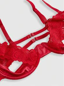 ROMWE Romantic Valentine's Day Heart Lace & Satin Patchwork Underwire Lingerie Set - Red - View 4
