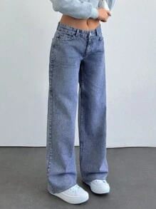 EURMUSE WOMEN WIDE LEG LOW WAIST JEANS - Medium Wash - View 3