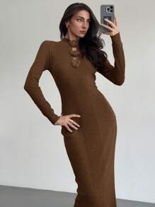 Aloruh Young Women's Minimalist High Neck Long Sleeve Fitted H-Hem Dress, Mixed Yarn Splicing Design, Casual Commuter Dress