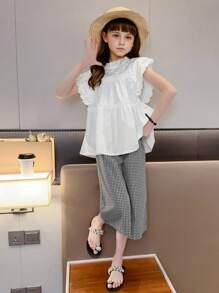 SHEIN 2pcs/Set Tween Girl' New Cap Sleeve Shirt And Plaid Pants Set, - Multicolor - View 6