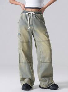 LYSMO Quần Jeans Thường Ngày Túi Thắt Trước Cho Nữ, Mặc Hàng Ngày - Rửa trung bình - Xem 2