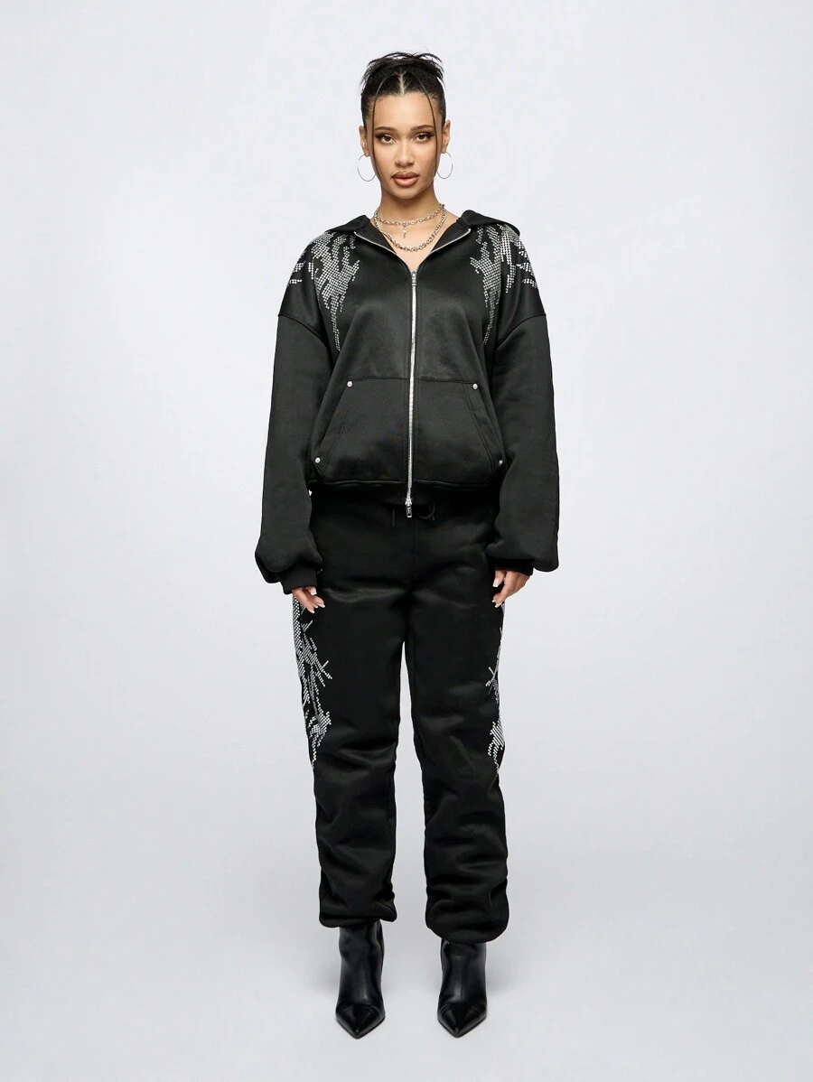 SUMWON WOMEN 水钻装饰慢跑运动服冬季秋季家居服运动服现代运动休闲两件套拉链前运动服 - 黑色 - 查看 1