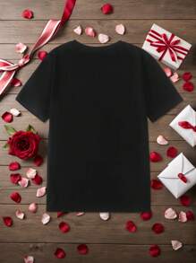 SHEIN Men's Happy Valentine's Day Leopard Print Heart Graphic Casual Round Neck Short Sleeve T-Shirt, Family Matching Outfits Mommy And Me (4 Pieces Are Sold Separately) - Black - View 2