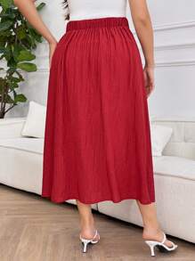 SHEIN LUNE Falda elegante de línea A con volantes y abotonadura sencilla de color rojo para mujer de talla grande - Burdeos - Ver 3