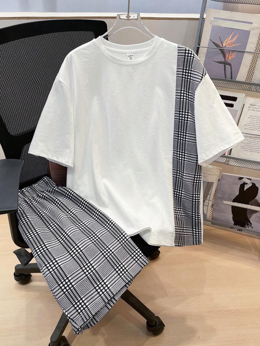 SHEIN 2pcs Set Teen Boy's Plaid Short Sleeve T-Shirt And Shorts Set;Spring Wear; Teen Boys' Clothing; Teen Boy' Jackets, Spring Back To School - Multicolor - View 1