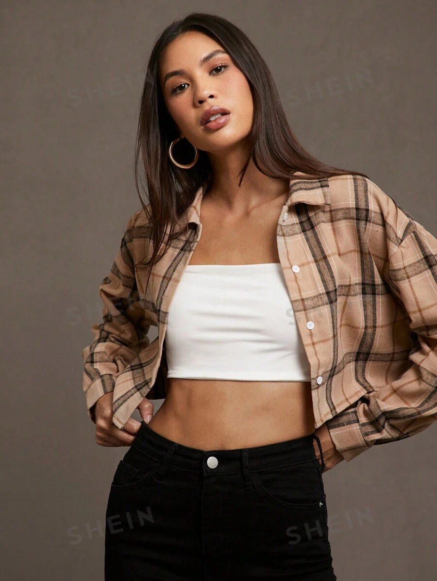 SHEIN Essnce Damen rotes Knopfverschluss Langarm-Karohemd, lässiges Langarmshirt, Weihnachtsshirt, Weihnachtskleidung für Damen, Erntedank-Shirt, Langarmoberteil - Verschiedenfarbig - Übersicht 1
