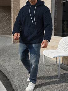 Manfinity Homme Plus Size Men's Casual Solid Color Drawstring Hooded Fleece Sweatshirt, Autumn/Winter - Navy Blue - View 4