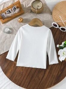 SHEIN Toddler Girls' Long Sleeve Round Neck Cute Bow Decor Top T-Shirt, Casual Comfortable And Versatile For Outdoor, Spring & Autumn - White - View 2