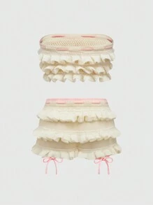 ROMWE Kawaii 2pcs Set Retro Y2K Cute Ruffle Hem Shorts And Sweet Women Sweater - Apricot - View 2