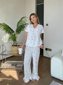 SHEIN 青少年女孩 2 件花卉图案蕾丝边 V 领蝴蝶结短袖上衣和阔腿荷叶边下摆休闲睡裤家居服套装