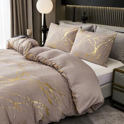 1 Metallic Marble Print Bedding Set, Foil Glitter Bedding Set, Grayish Brown Marble Print Bedding Set, 3-Piece Set, Golden Metallic Duvet Cover, Soft Microfiber Duvet Cover, Unisex, 1 Duvet Cover, 2 Pillow Shams, Comforter Not Included