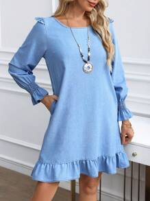 SHEIN LUNE 女式拼布荷叶边长袖宽松休闲牛仔连衣裙，秋季