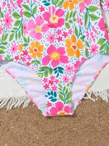 Tween Girl Floral Print Zipper Front Long Sleeve One-Piece Swimsuit, Assorted Print - Multicolor - View 7