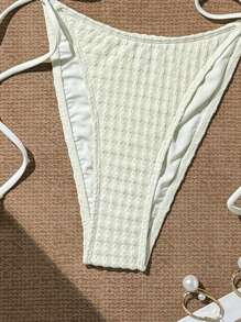 SHEIN Swim 夏季纹理优雅纯色吊带细肩带点缀休闲度假风格女士泳衣套装 - 米色 - 查看 4