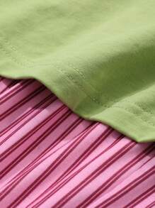 DAZY Women Casual Letter Graphic Print Decor Top & Striped Loose Pajama Set, Spring, Fall Winter Clothes Pajama - Green - View 7