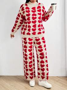 Flirla 时尚心形图案长袖毛衣套装，秋冬 - 杏色 - 查看 3