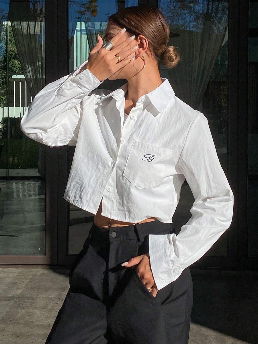 DAZY 女士字母刺绣短款长袖休闲衬衫，春夏秋装