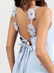 Glamine 女士淡蓝色 2 件套女士优雅花卉露背吊带背心上衣和直筒裤，适合约会、派对、情人节，百搭套装 - 藍色 - 查看 3