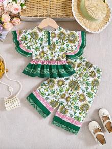 SHEIN Leap Crew Conjunto de 2 piezas para bebé niña, con blusa de manga corta con estampado floral y pantalones de cintura elástica, para el verano - Verde - Ver 8