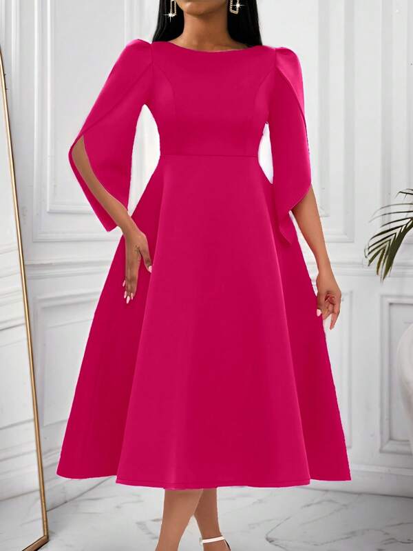 Lyxana Rochie elegantă și la modă mov cu mâneci 3/4 talie strânsă cu tiv evazat asimetric, potrivită pentru întâlniri și petreceri ținută maxi pentru femei