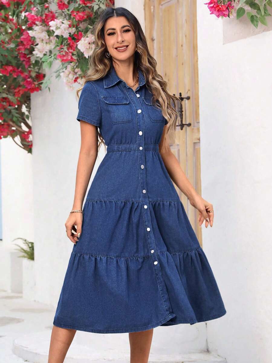 SHEIN LUNE Women's Casual Front Button Short Sleeve Denim Dress, Vacation Style - Dark Wash - View 1
