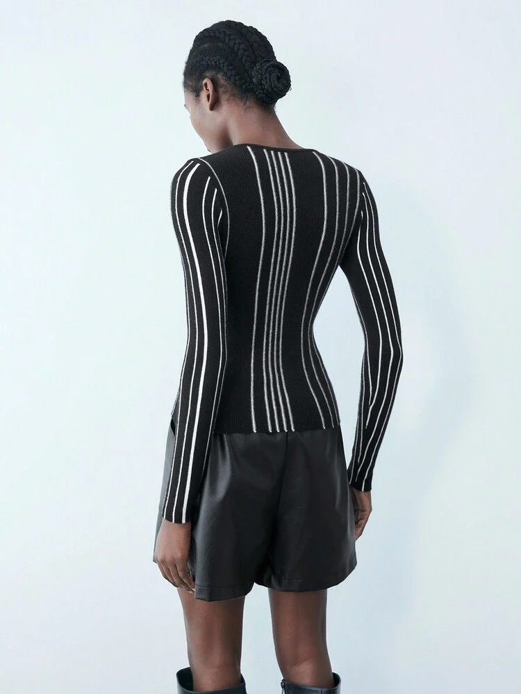 SHEIN Maija Wome's Spring Striped Round Neck Long Sleeve Casual Sweater, Festival