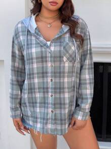 INAWLY Plus Size Women's Plaid Drop Shoulder Loose Hooded Coat With Pockets, Spring & Fall