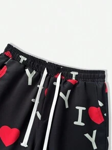 ROMWE MEN Street Life 男士数字心形印花休闲长裤，时尚 - 黑色 - 查看 4