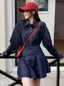 DAZY Women's Casual Denim Shirt & Skirt Suit, Simple & Fashionable For Everyday Wear - Dark Wash - View 1