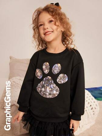 Young Girl's Rhinestone Paw Print Graphic Crew Neck Long Sleeve Sweatshirt