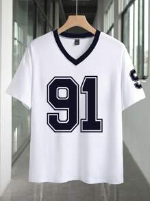 INAWLY Women's Summer Number Print V-Neck Short Sleeve Casual T-Shirt Graphic Tees Women Tops - Navy Blue - View 3