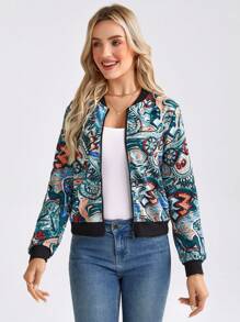 SHEIN LUNE Early Autumn  Printed Long Sleeve Zippered Women's Jacket - Olive Green - View 3