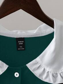 Calvaya Plus Size Color Block Peter Pan Collar Casual Shirt, Autumn