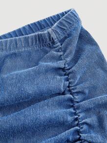 SHEIN MOD Plus Size Stretchy Ruched Denim Midi Skirt, Casual Blue Tight-Fitting Denim - Medium Wash - View 4