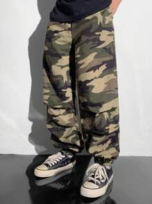 Young Boy Casual Camouflage Loose-Fitting Cuffed Woven Pants , Suitable For Autumn, Spring And Summer, Suitable For Outdoor Play, School, Street Shooting, Party And Home Leisure Back To School Clothes