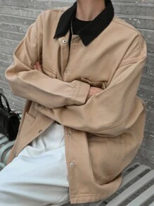 DAZY Chaqueta vaquera suelta de manga larga con bolsillo, hombros caídos y cuello de color contrastante para mujeres